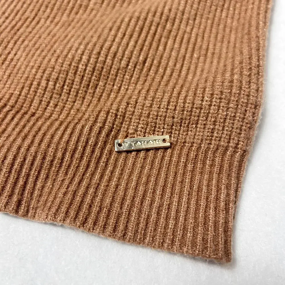 Tahari Sweater Women's Rib Knit Puff Sleeve Fitted Brown Camel Size Small‎
